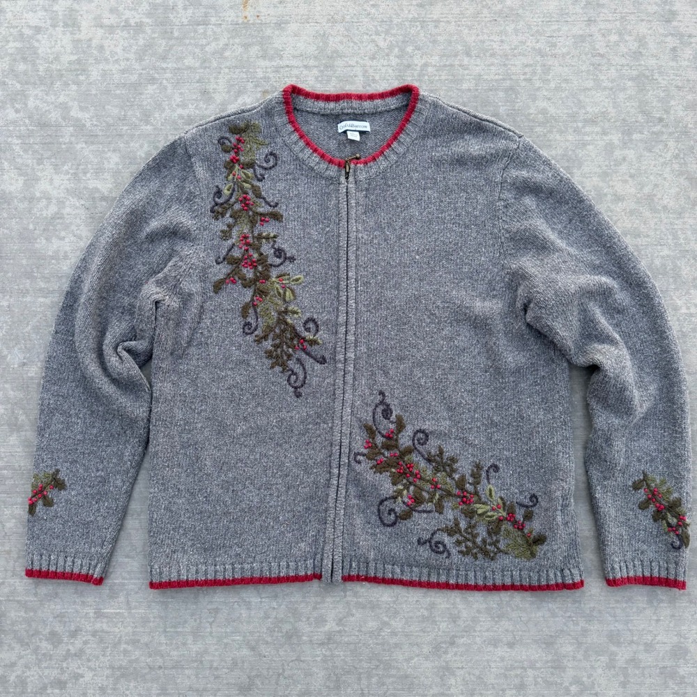 Croft & Barrow Womens Large Gray Embroidered Holly Berry Zip Front Cardigan
